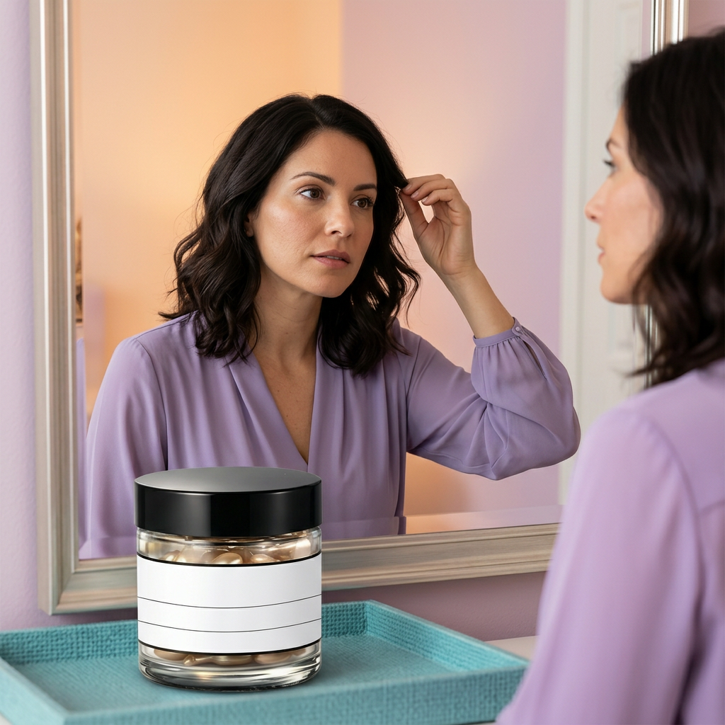 Capsule serum jar on a turquoise tray with an adult Western female model at a mirror