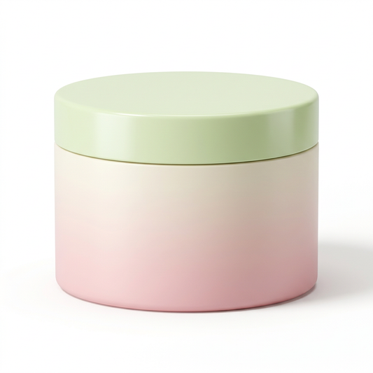 Unbranded blush gradient cleansing balm jar with pale green lid on a white background