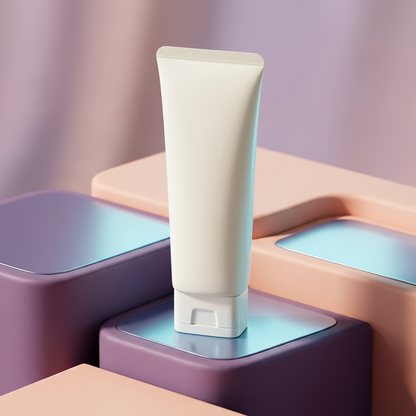 White facial cleanser tube with lavender and peach styling