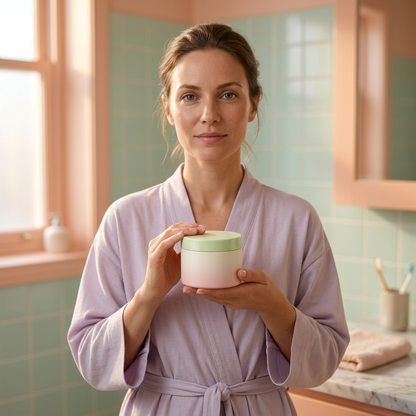 Adult Western female model holding an unbranded blush and green cleansing balm jar