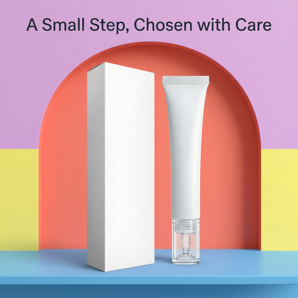 Eye cream detail graphic with blue shelf coral arch yellow and lilac backdrop