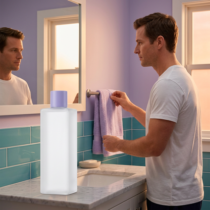 Toner bottle on a bathroom vanity with an adult Western male model in the background
