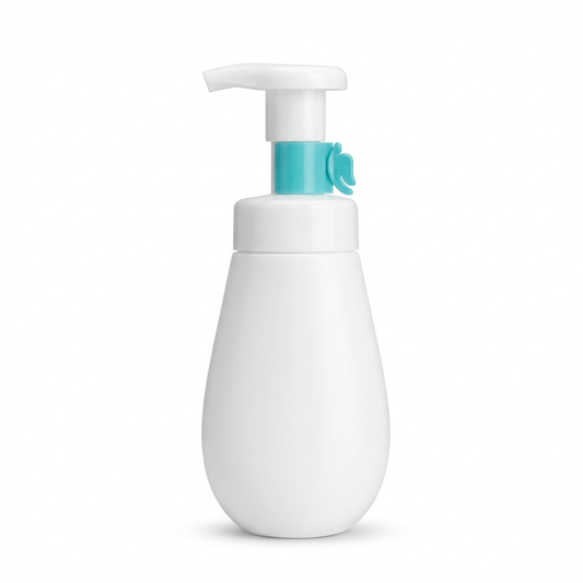 Unbranded white foaming cleanser bottle with aqua pump neck on a pure white background