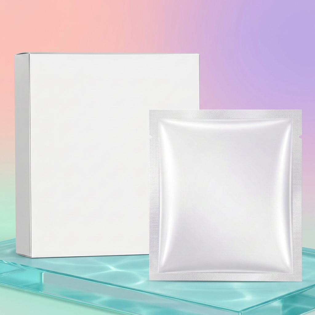 White mask carton and sachet on aqua glass with peach violet and mint reflections