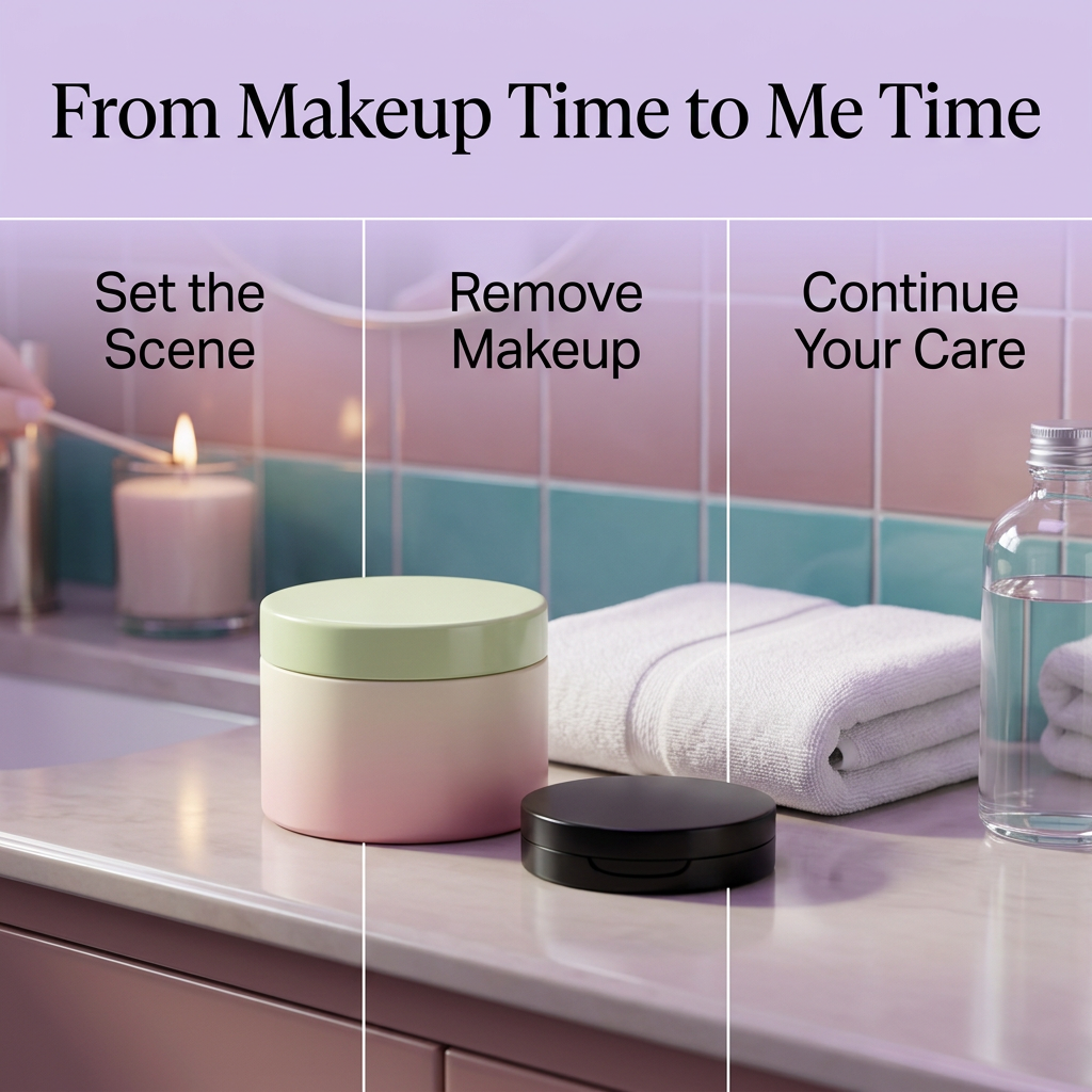 Makeup-removal ritual detail graphic on a colorful vanity