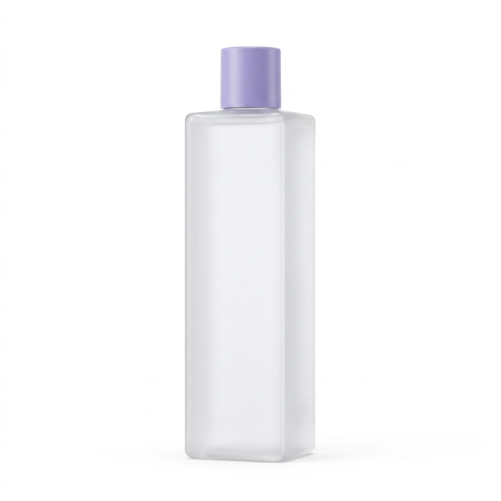 Unbranded frosted white rectangular toner bottle with lavender cap on a pure white background