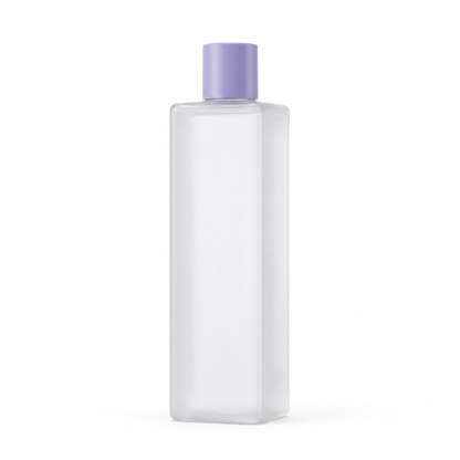 Unbranded frosted white rectangular toner bottle with lavender cap on a pure white background