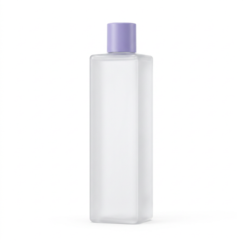 Unbranded frosted white rectangular toner bottle with lavender cap on a pure white background