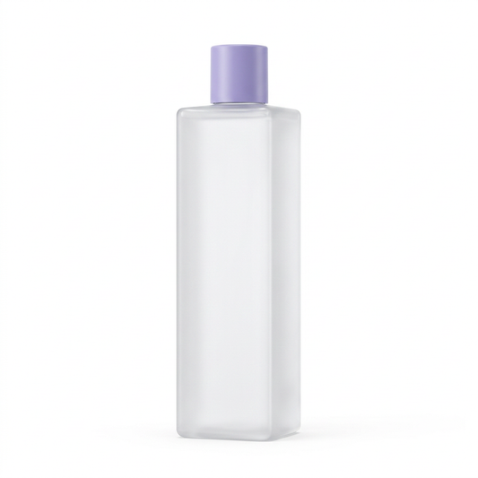 Unbranded frosted white rectangular toner bottle with lavender cap on a pure white background
