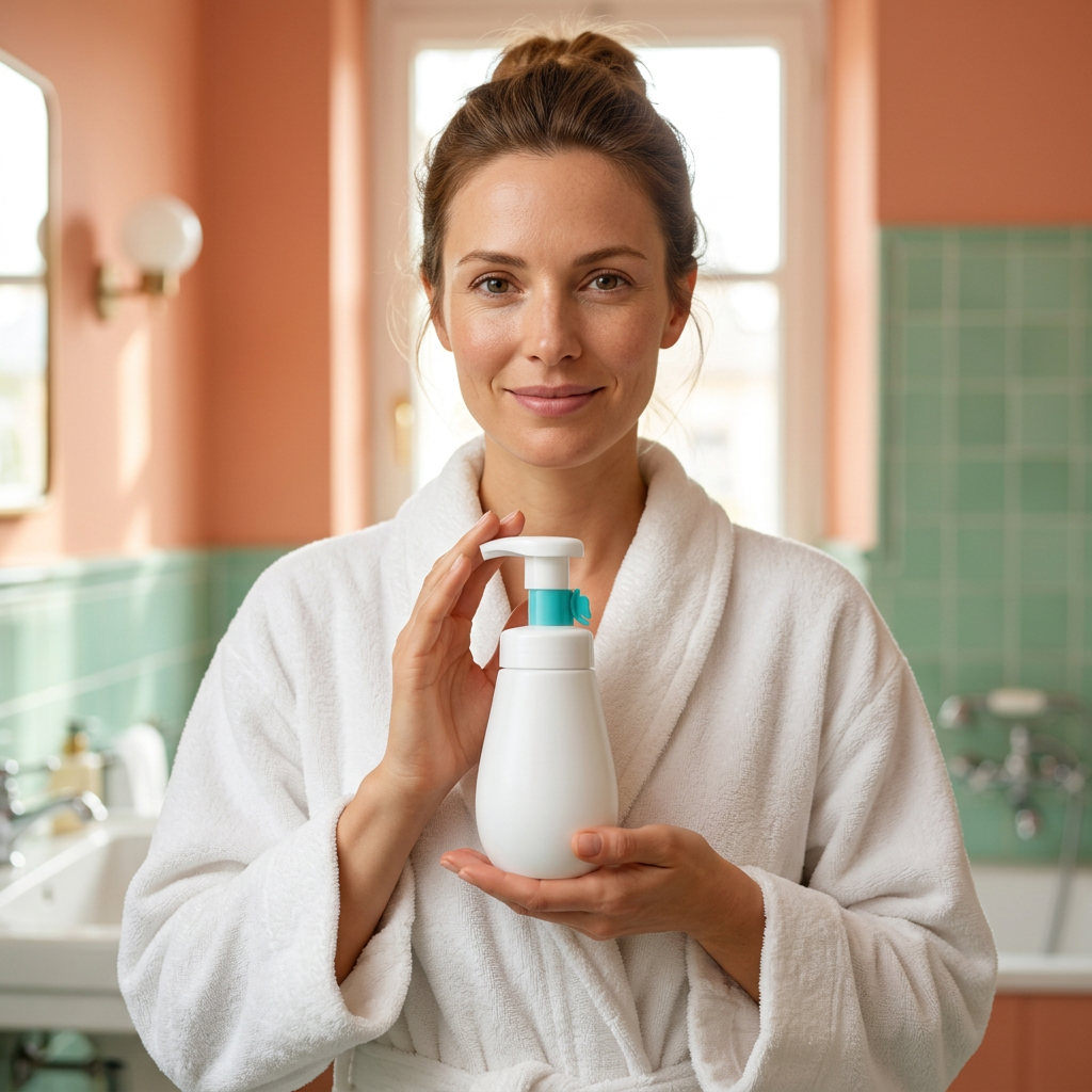 Adult female model holding the unbranded white and aqua cleanser bottle
