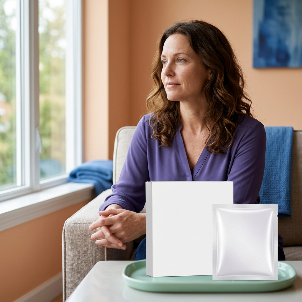 White mask carton and sachet on mint tray with an adult Western female model relaxing by a window