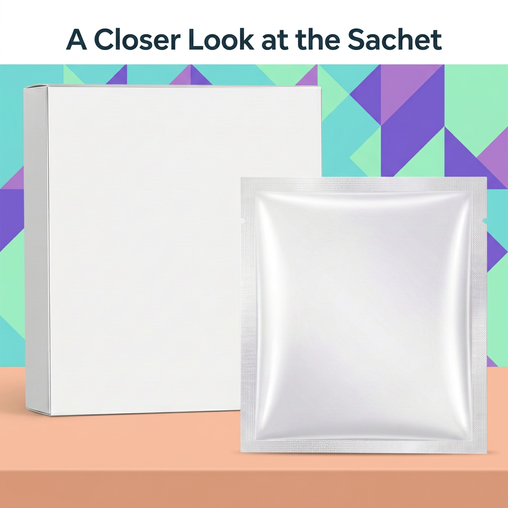A Closer Look at the Sachet graphic highlighting white sealed mask packaging
