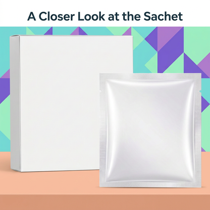 A Closer Look at the Sachet graphic highlighting white sealed mask packaging