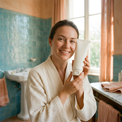 Adult female model holding an unbranded cleanser tube in a bathroom
