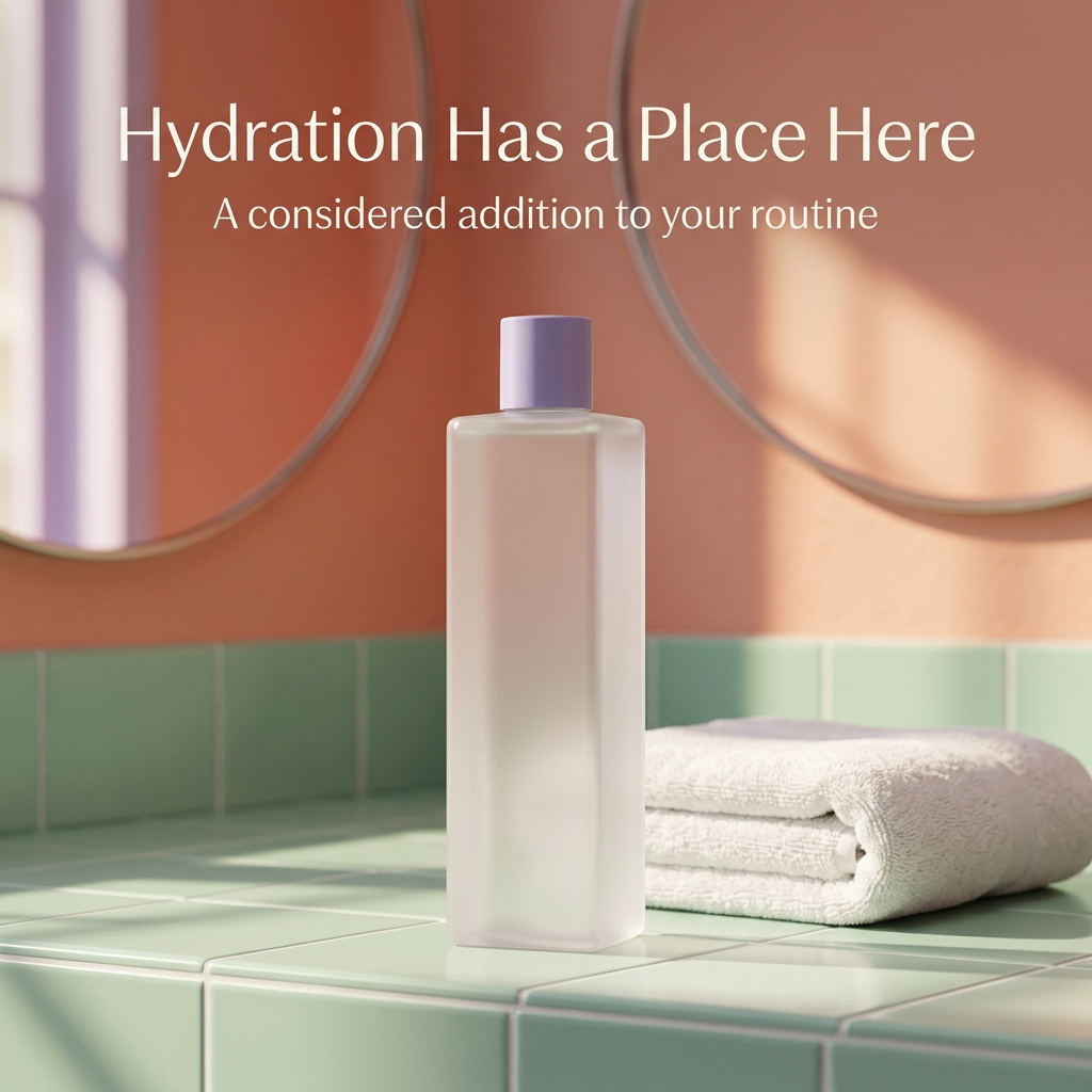 Hydrating toner bottle in a colorful sunlit bathroom