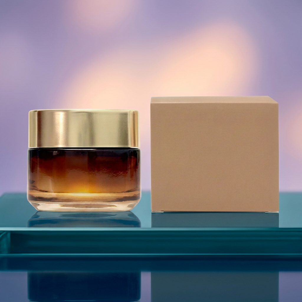 Amber face cream jar and tan carton on a deep teal glass platform