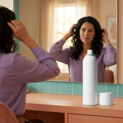 White hydrating mist can and cap with an adult Western female model at a mirror