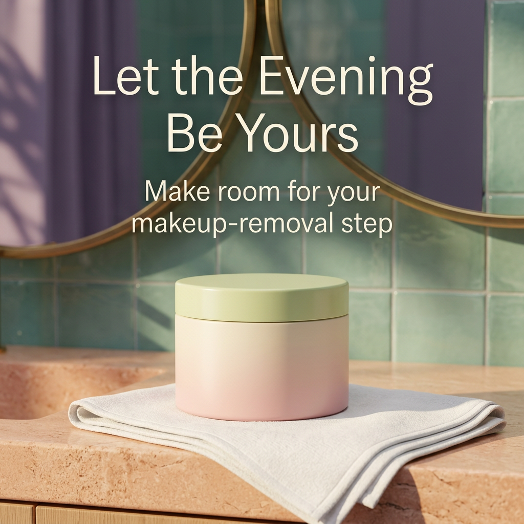 Cleansing balm jar in an evening bathroom scene