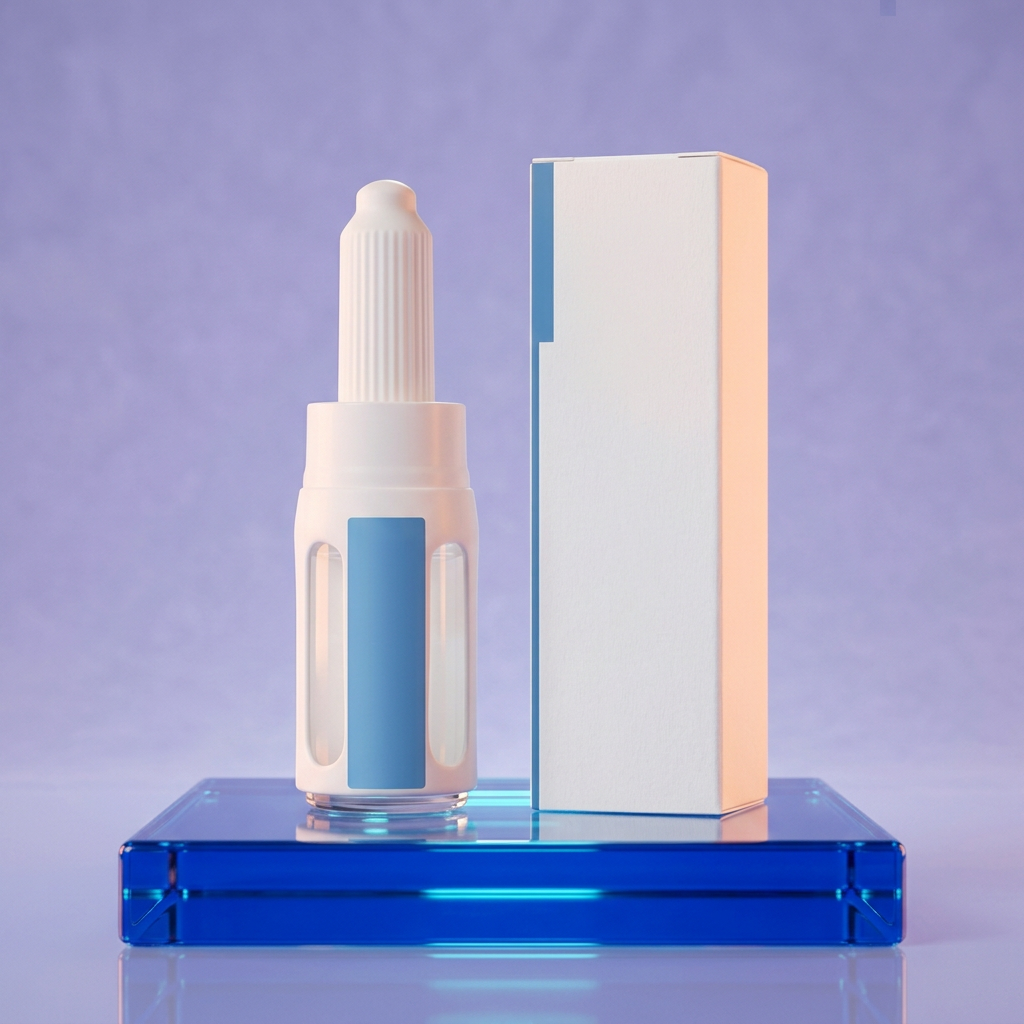White-and-blue serum bottle and carton on a cobalt glass podium