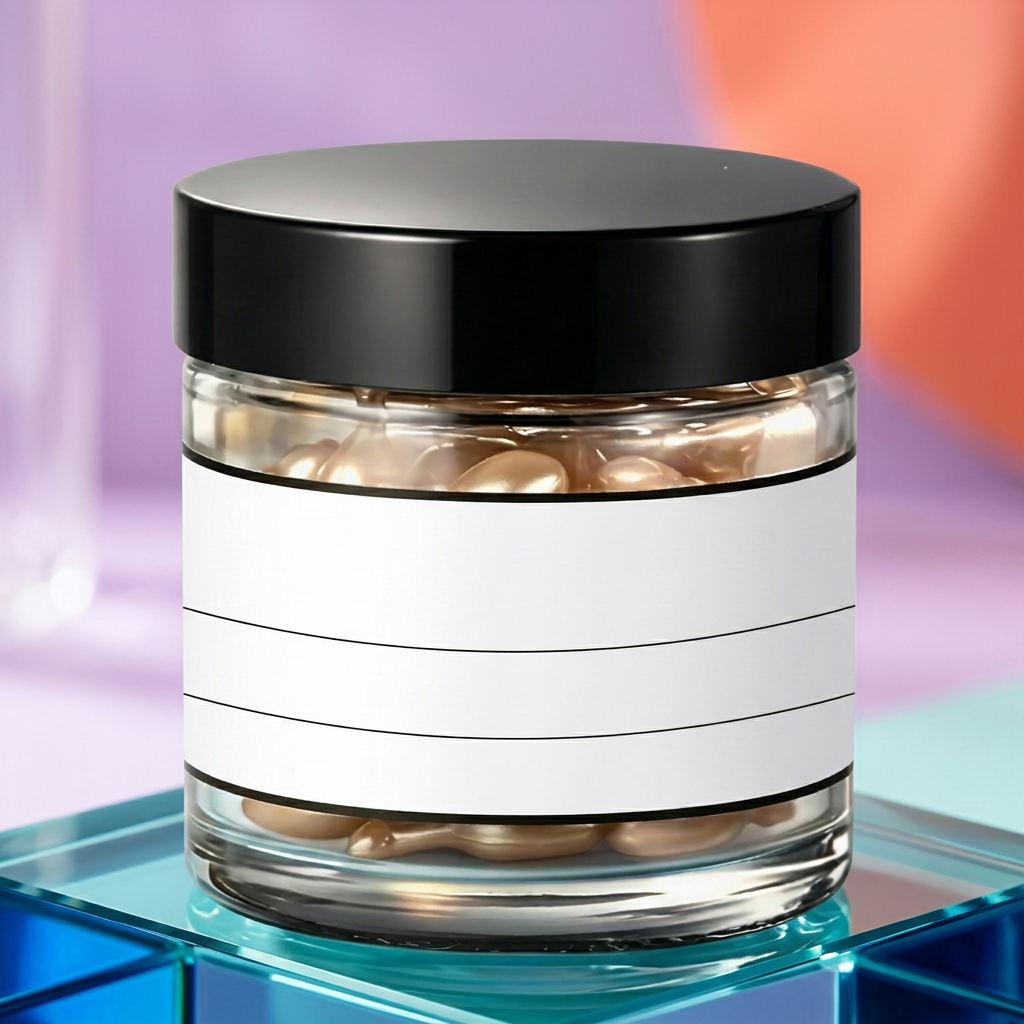 Capsule serum jar on an aqua glass platform with pastel lighting