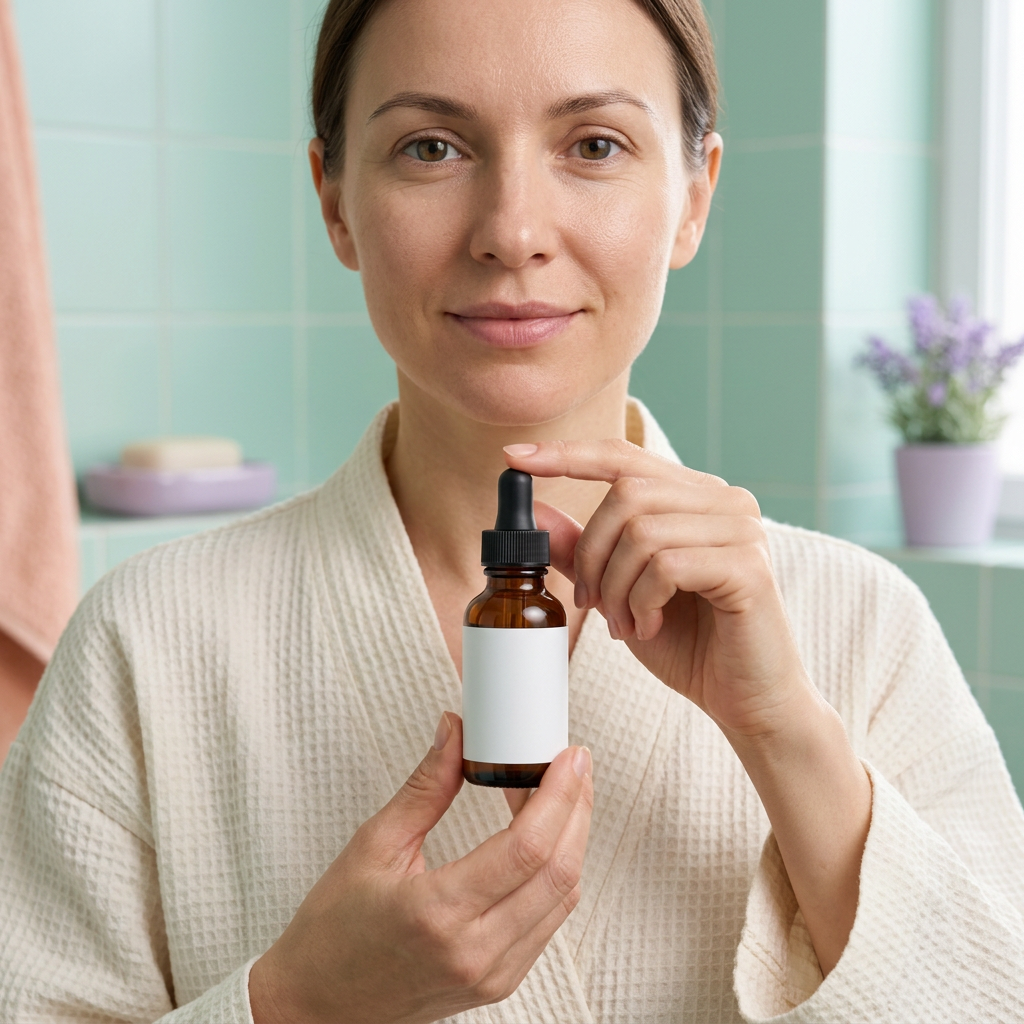 Adult Western female model holding an unbranded amber serum bottle