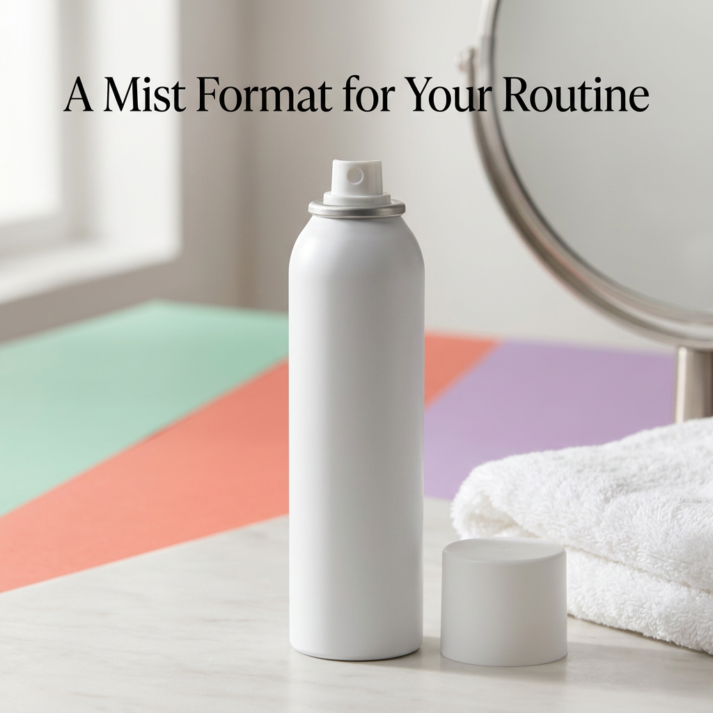 Hydrating facial mist routine graphic with towel and mirror