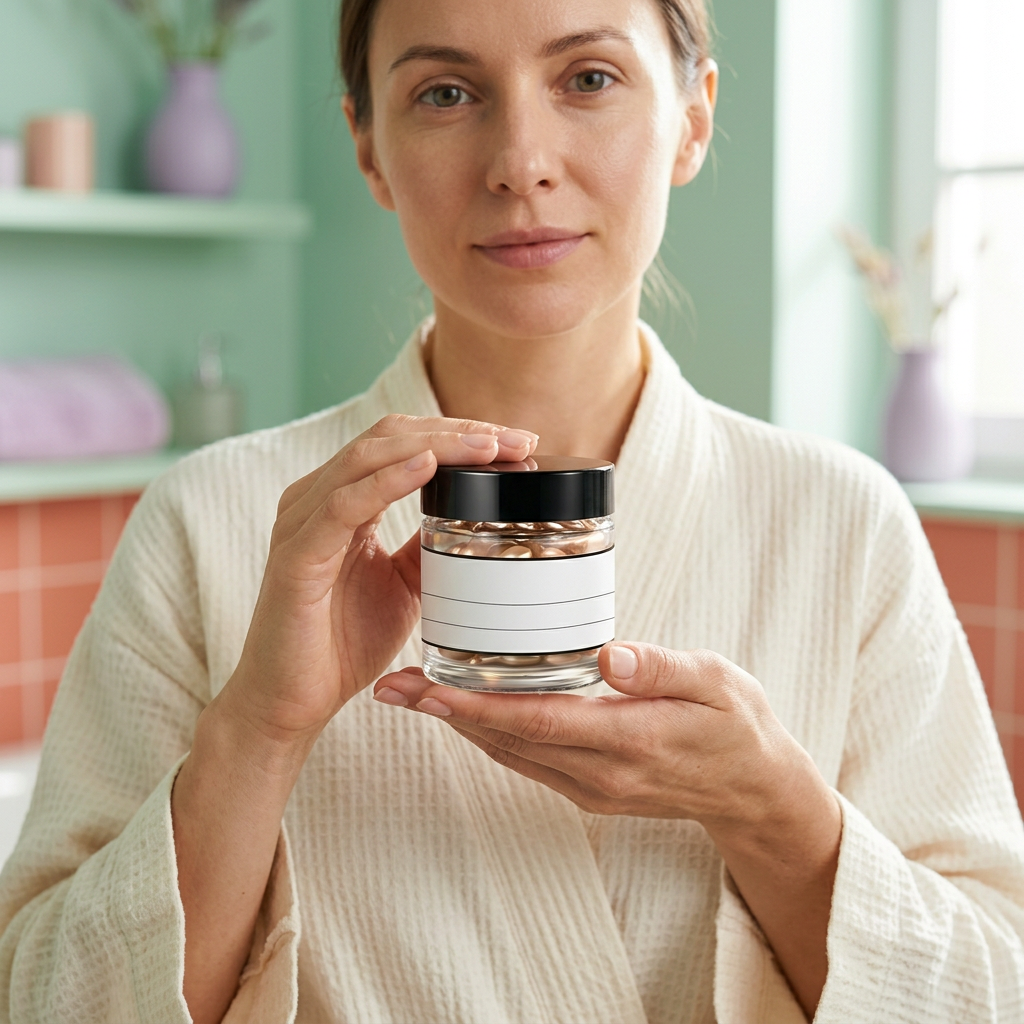 Adult Western female model holding a closed unbranded capsule serum jar