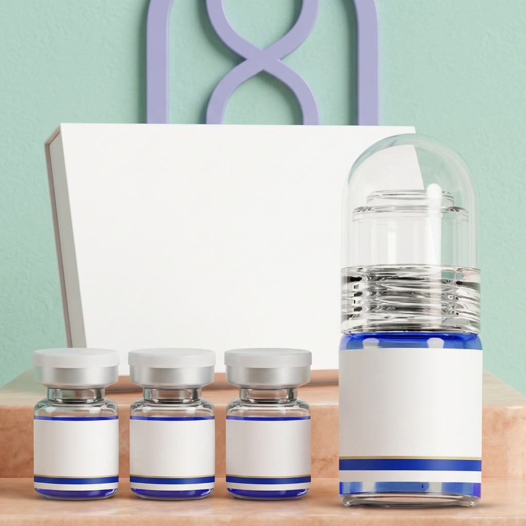 Blue-and-gold capped serum presentation on a peach platform