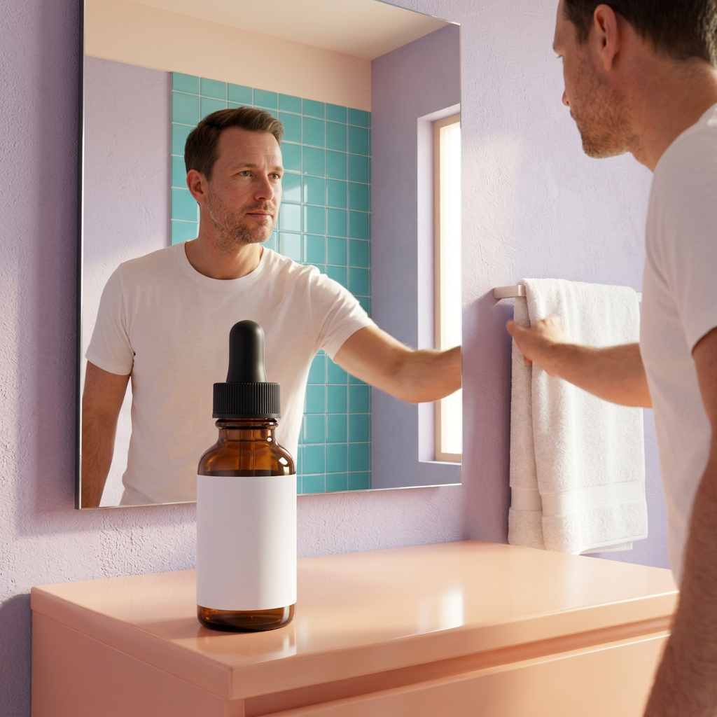 Amber serum bottle on a vanity with an adult Western male model at a mirror