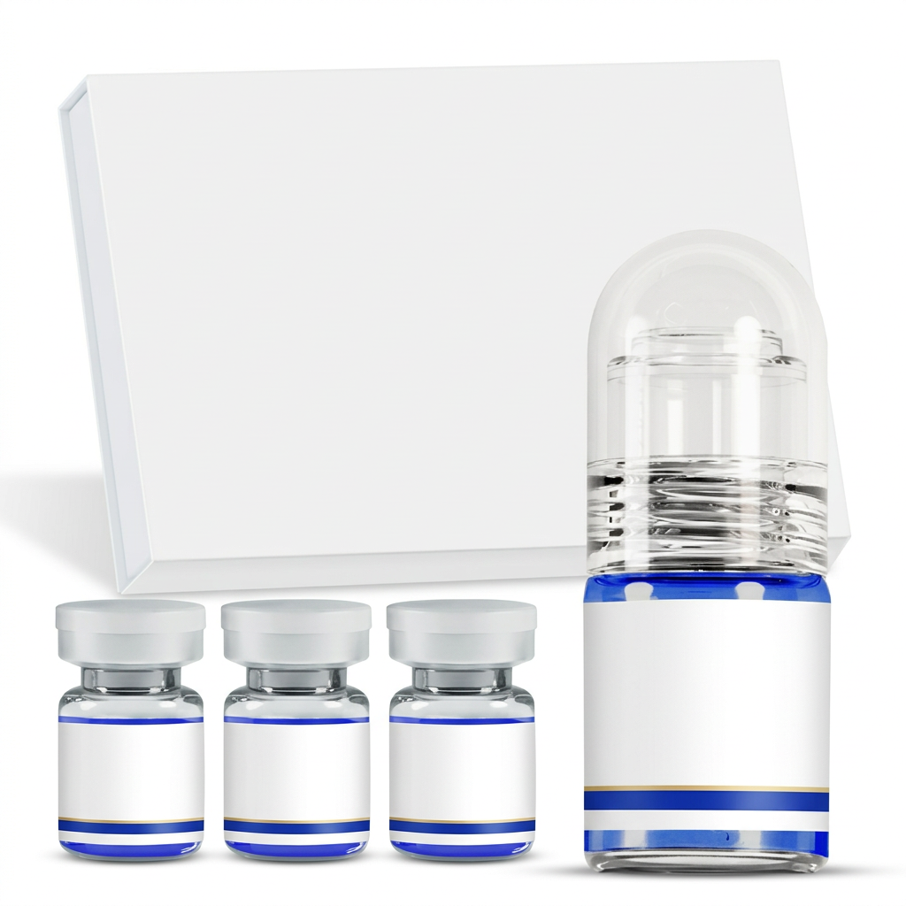 Unbranded peptide serum presentation with three capped vials one capped applicator and white carton on white background