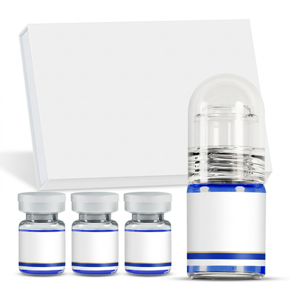 Unbranded peptide serum presentation with three capped vials one capped applicator and white carton on white background