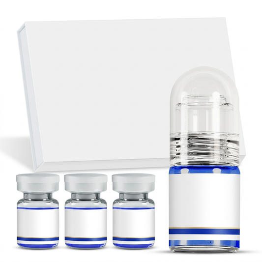 Unbranded peptide serum presentation with three capped vials one capped applicator and white carton on white background