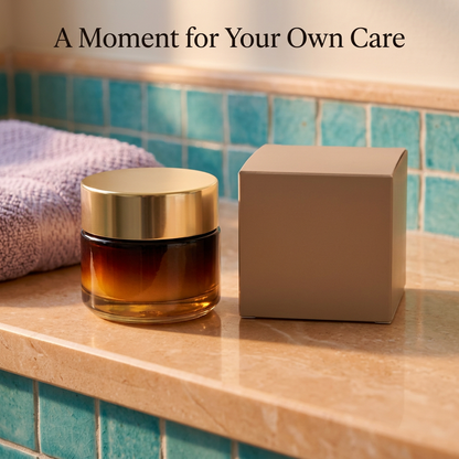 Amber face cream jar in a warmly lit bathroom setting