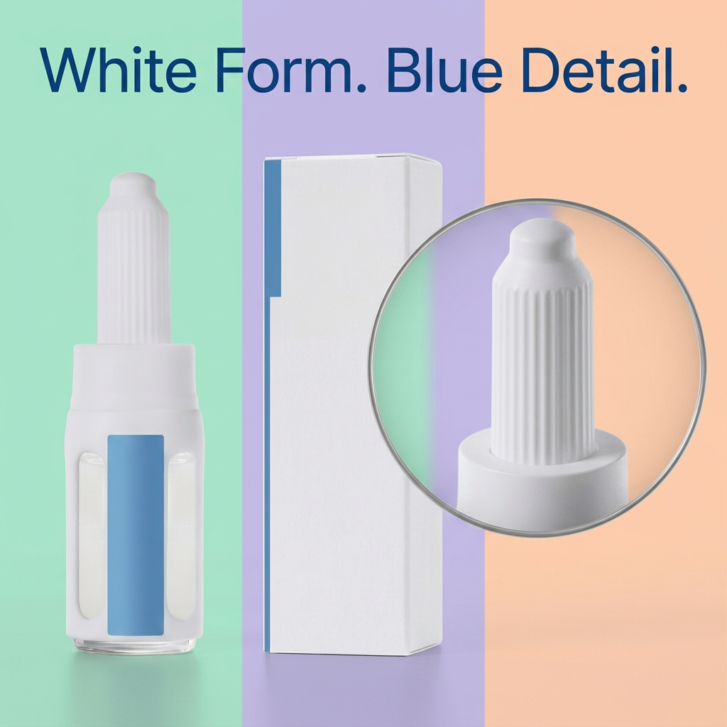 White closure and blue packaging detail graphic