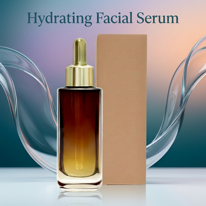Hydrating Facial Serum introduction graphic with decorative glass curves