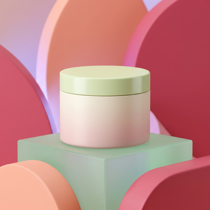 Cleansing balm jar on a mint podium with coral and pink styling