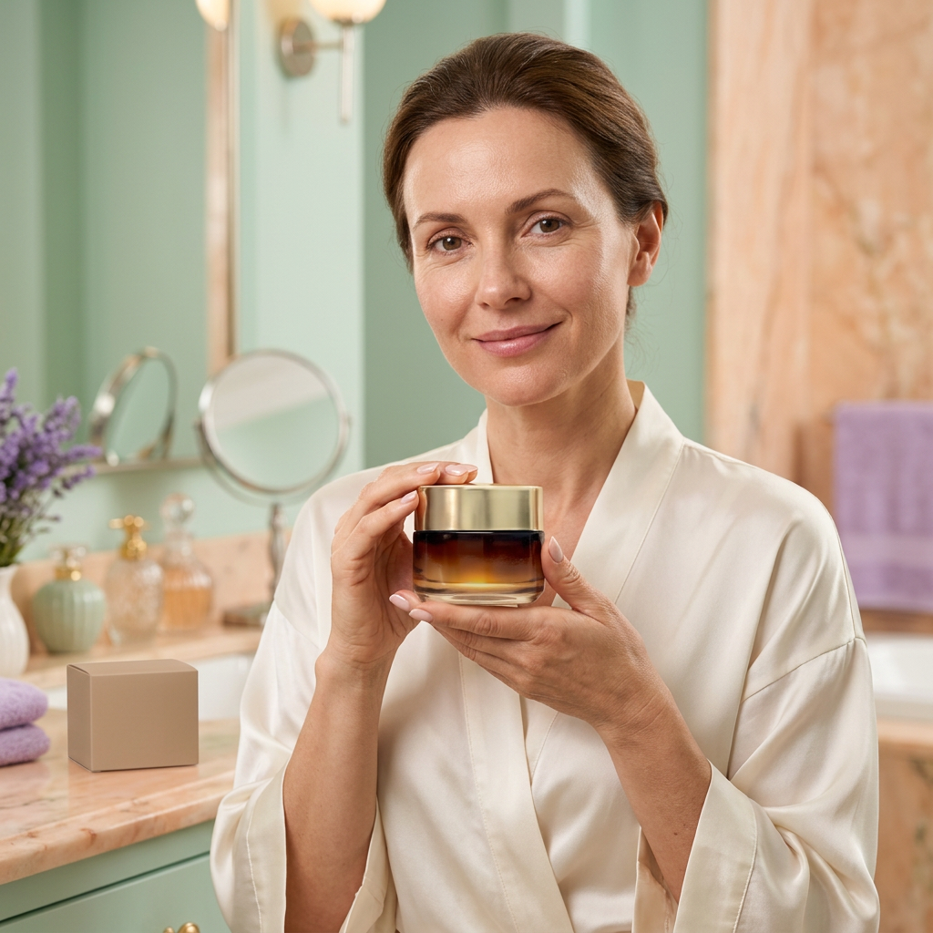 Adult Western female model holding an unbranded closed amber face cream jar
