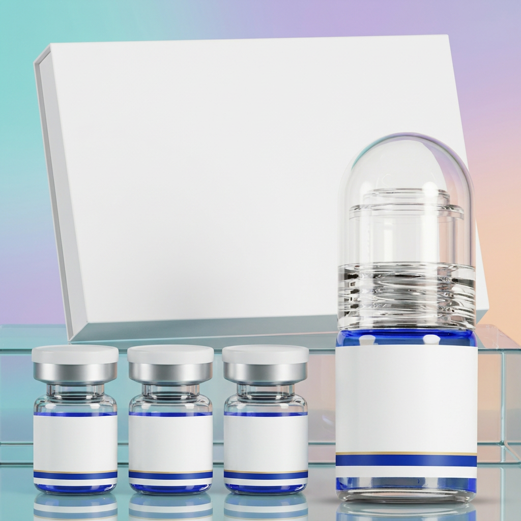 Complete peptide serum presentation with three capped vials and a capped applicator against pastel glass styling