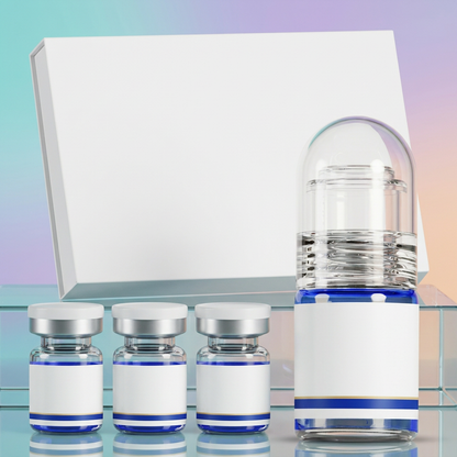 Complete peptide serum presentation with three capped vials and a capped applicator against pastel glass styling