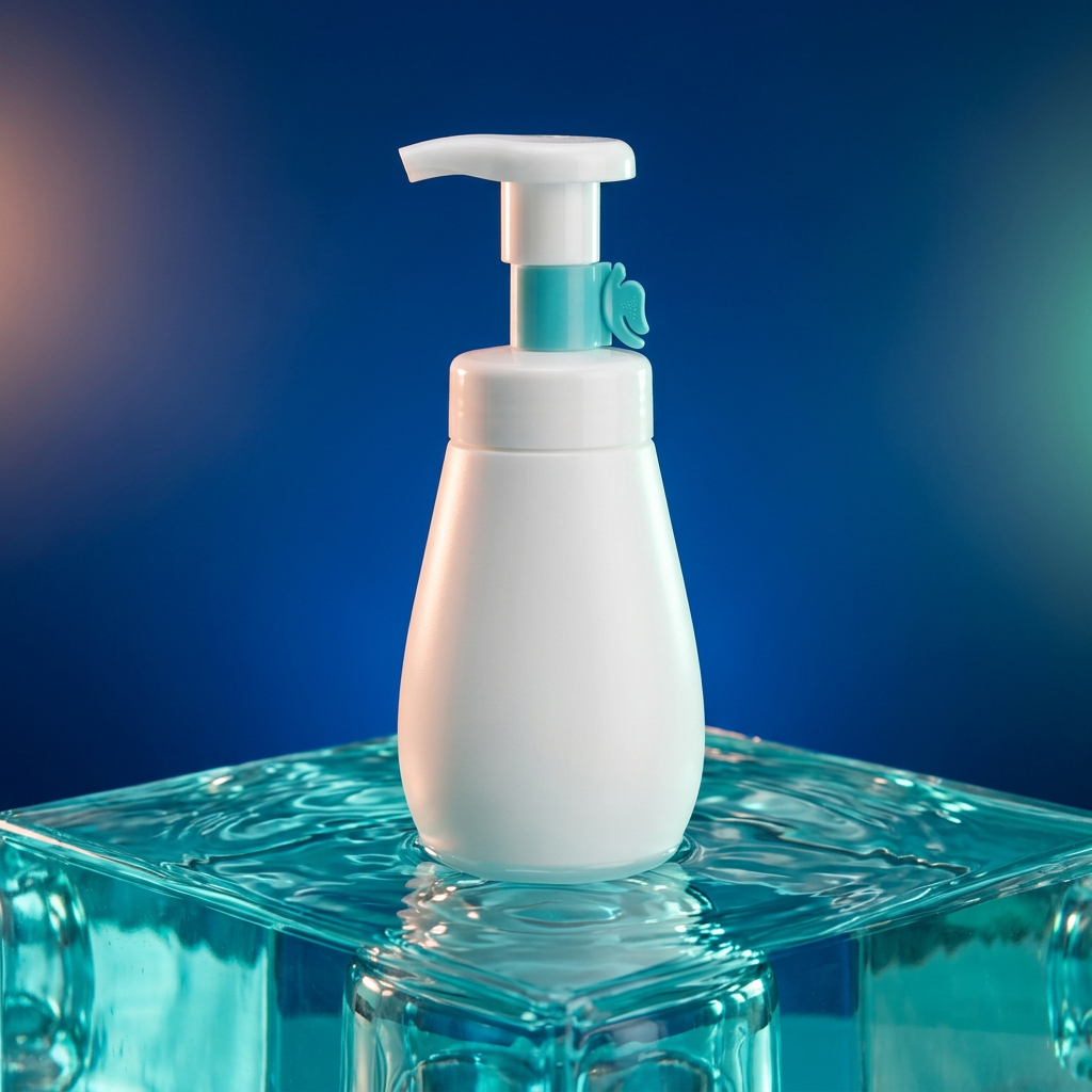 White and aqua foaming cleanser bottle on a water-styled blue podium