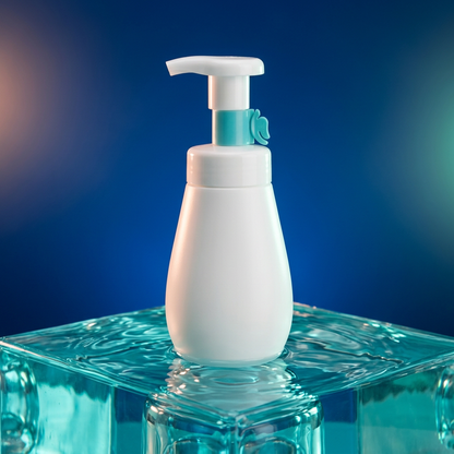 White and aqua foaming cleanser bottle on a water-styled blue podium