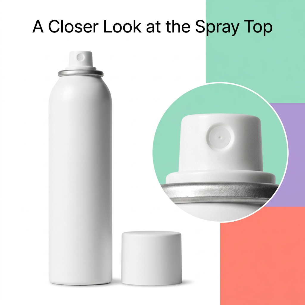 Spray nozzle and silver rim close-up beside a full white can and cap