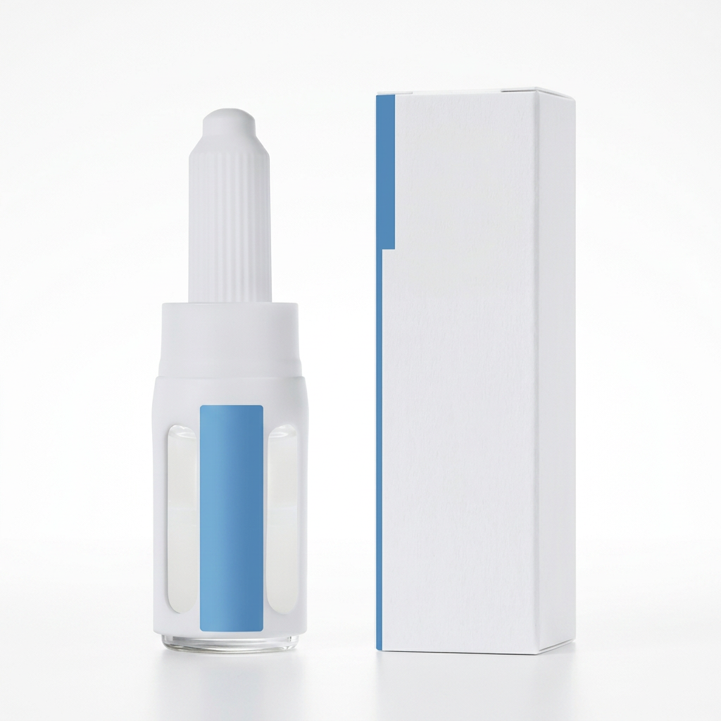 Unbranded white-and-blue ceramide serum bottle and matching carton on a white background
