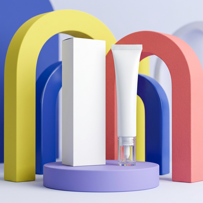 White eye cream tube and carton among yellow coral blue and lavender arches