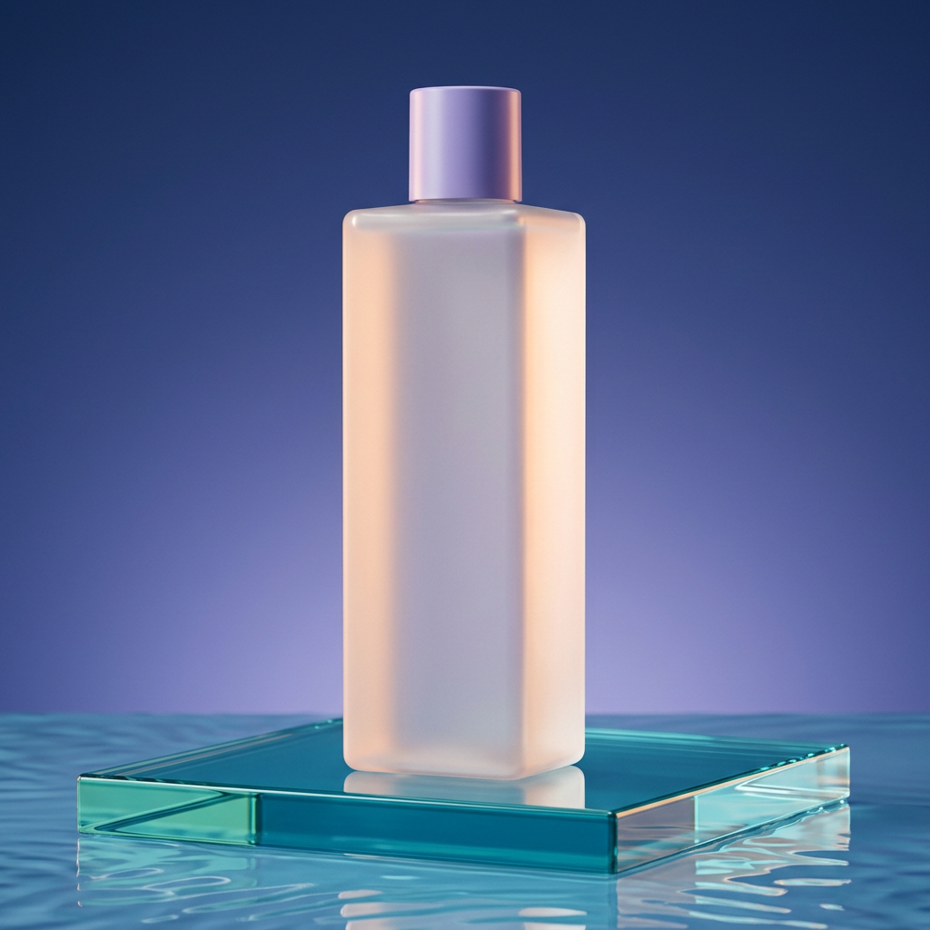 Hydrating toner bottle on an aqua glass podium with blue and lavender lighting