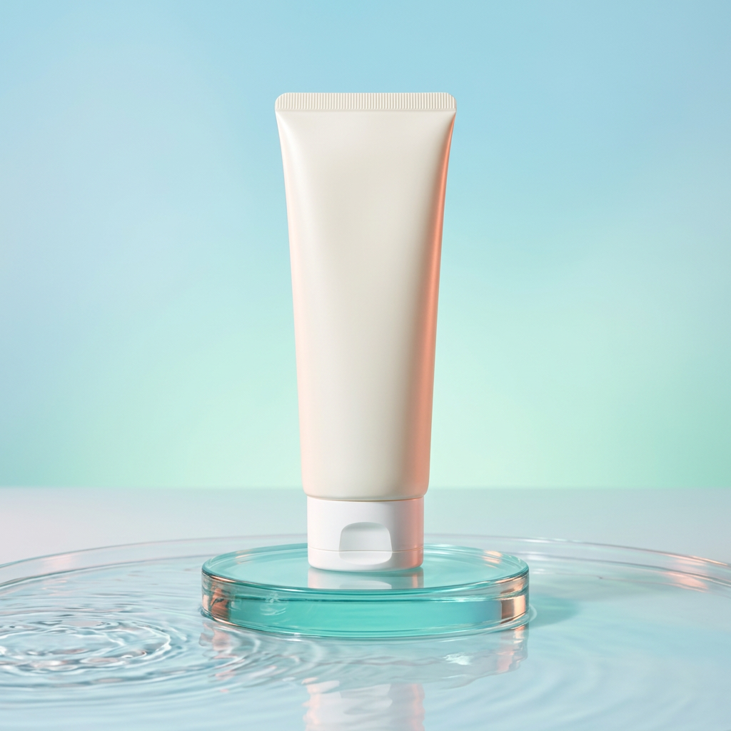 White facial cleanser tube on an aqua podium