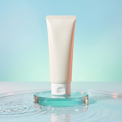 White facial cleanser tube on an aqua podium