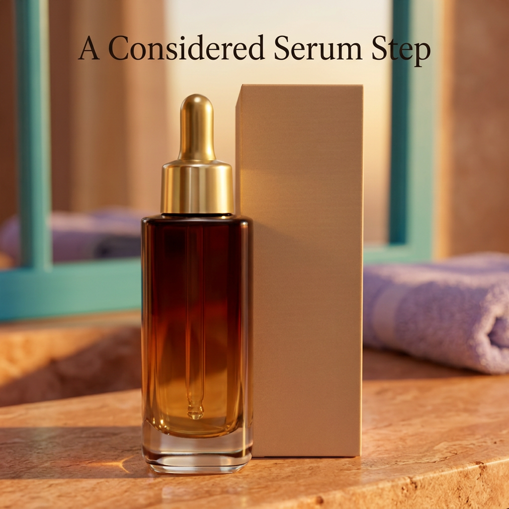 Serum bottle and carton on a warmly lit evening vanity