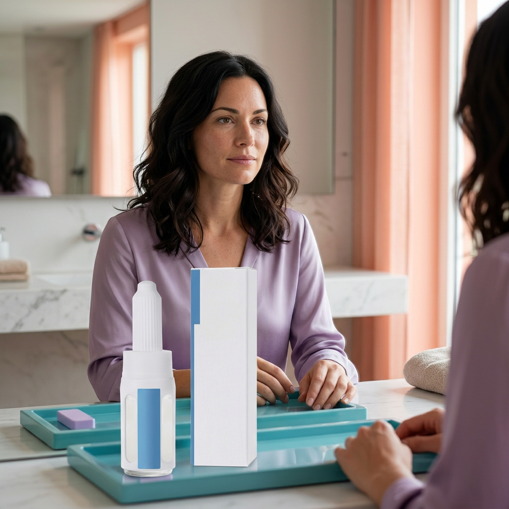 Ceramide serum bottle and carton with adult Western female model at a mirror