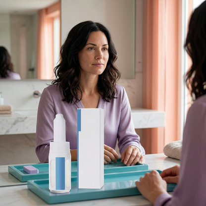 Ceramide serum bottle and carton with adult Western female model at a mirror